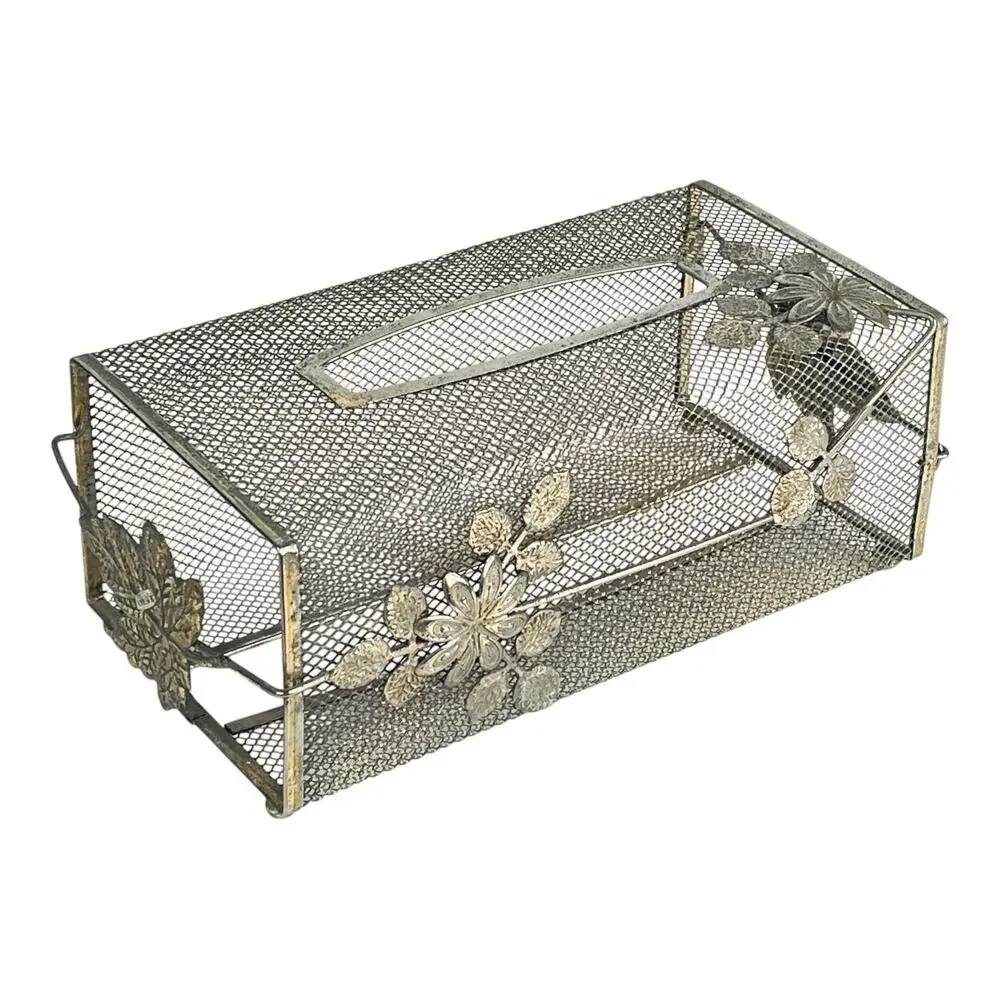 Metal Tissue Box Cover Ball Knob Feet Gold Floral Detail Mcm Mesh Long Box Vtg